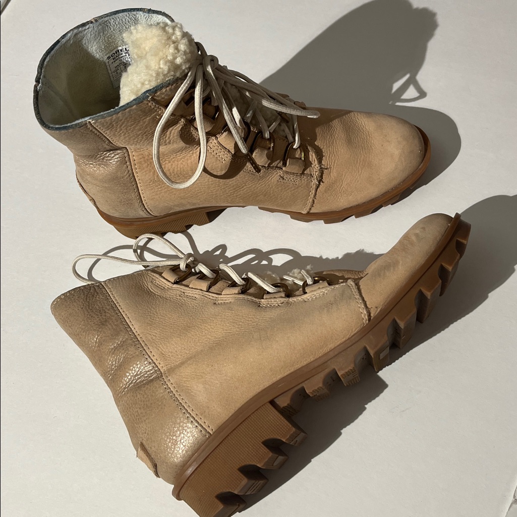 Sorel Phoenix Luxe Boots Waterproof Sherpa Booties Leather Sz 8 Neutral Tan Shoe